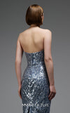 MNM Couture E0105 sequined mermaid gown with metallic crochet ruffle, strapless design, and a subtle train.|Couture Shop LA
