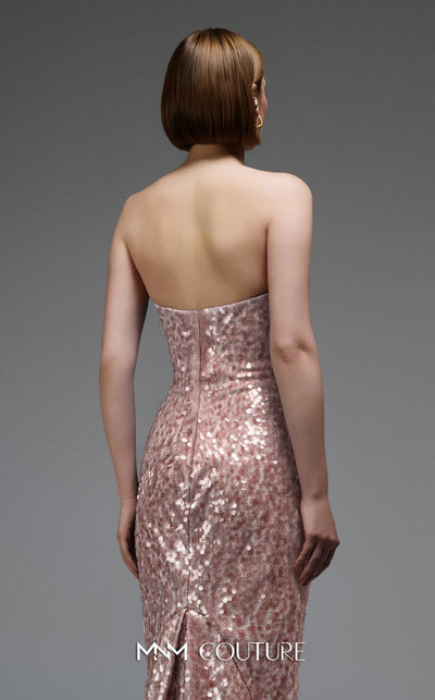 MNM Couture E0105 sequined mermaid gown with metallic crochet ruffle, strapless design, and a subtle train.|Couture Shop LA