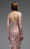 MNM Couture E0105 sequined mermaid gown with metallic crochet ruffle, strapless design, and a subtle train.|Couture Shop LA
