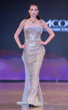 MNM Couture E0108 sequin-embellished fitted column gown with strap sleeves, asymmetric sweetheart neckline, and a flowing cape with a train. | Couture Shop LA
