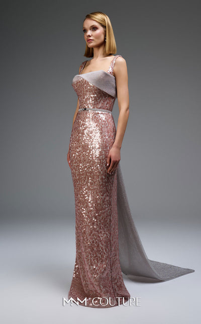 MNM Couture E0108 sequin-embellished fitted column gown with strap sleeves, asymmetric sweetheart neckline, and a flowing cape with a train. | Couture Shop LA
