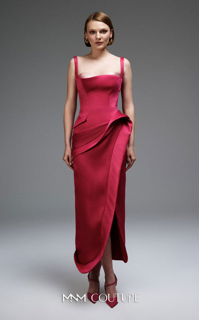 MNM Couture E0109 fitted taffeta column gown with asymmetric sweetheart neckline, strap sleeves, side slit, and pleated detail | Couture Shop LA.
