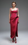 MNM Couture E0109 fitted taffeta column gown with asymmetric sweetheart neckline, strap sleeves, side slit, and pleated detail | Couture Shop LA.