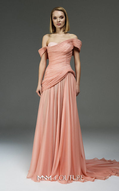 MNM Couture Style E0113 showcasing a pink flared gown with an asymmetric sweetheart neckline, off-shoulder cap sleeves, a sequined bodice, and a full organza skirt with a train. | Couture Shop LA