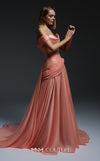 MNM Couture Style E0113 showcasing a flared gown with an asymmetric sweetheart neckline, off-shoulder cap sleeves, a sequined bodice, and a full organza skirt with a train. | Couture Shop LA