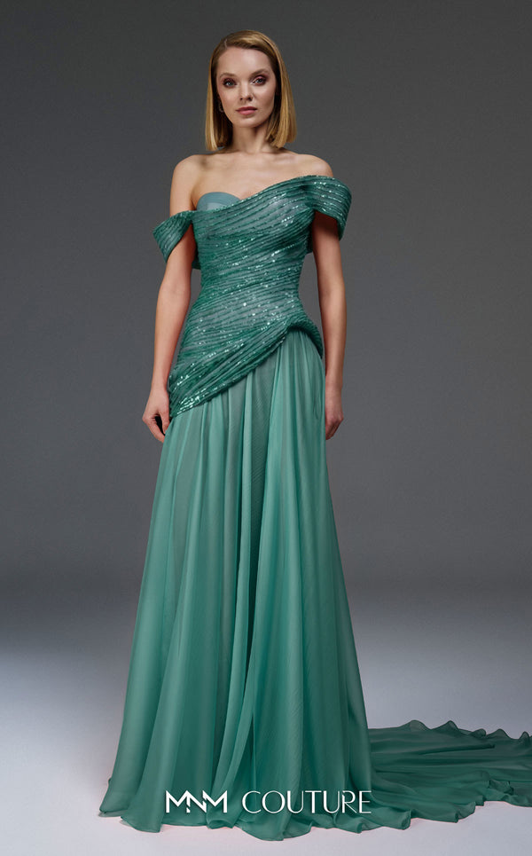 MNM Couture Style E0113 showcasing a flared gown with an asymmetric sweetheart neckline, off-shoulder cap sleeves, a sequined bodice, and a full organza skirt with a train. | Couture Shop LA