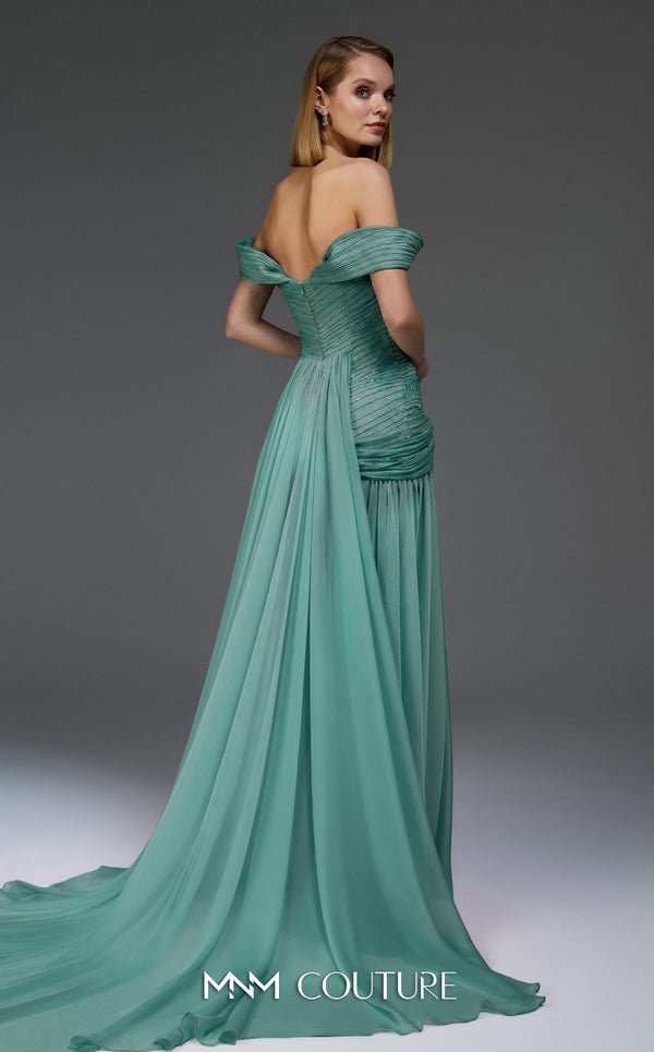 MNM Couture Style E0113 showcasing a flared gown with an asymmetric sweetheart neckline, off-shoulder cap sleeves, a sequined bodice, and a full organza skirt with a train. | Couture Shop LA