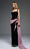 MNM Couture E0117 black fitted column gown with a sweetheart neckline, contrasting pink wavy waistline, and a long side tassel. | Couture Shop LA