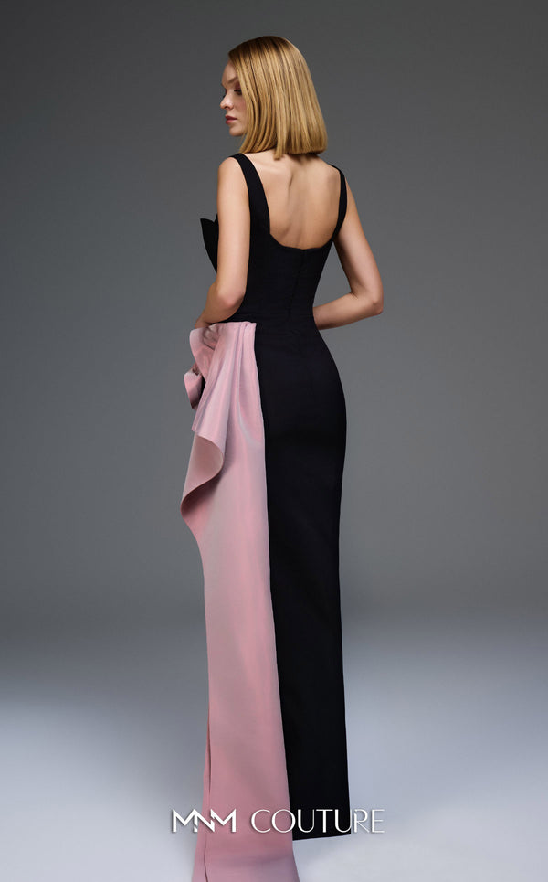 MNM Couture E0117 black fitted column gown with a sweetheart neckline, contrasting pink wavy waistline, and a long side tassel. | Couture Shop LA