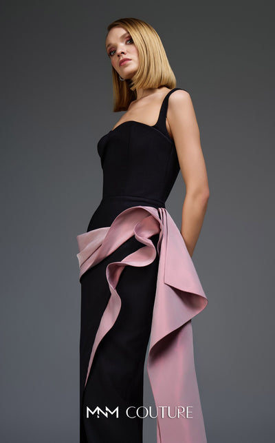 MNM Couture E0117 black fitted column gown with a sweetheart neckline, contrasting pink wavy waistline, and a long side tassel. | Couture Shop LA