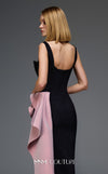 MNM Couture E0117 black fitted column gown with a sweetheart neckline, contrasting pink wavy waistline, and a long side tassel. | Couture Shop LA