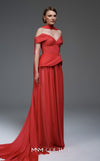 MNM Couture E0119 organza A-line gown with off-the-shoulder straps, peplum waist, and a delicate scarf.|Couture Shop LA