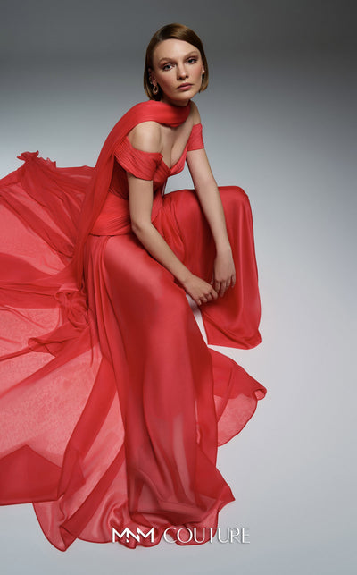 MNM Couture E0119 organza A-line gown with off-the-shoulder straps, peplum waist, and a delicate scarf.|Couture Shop LA