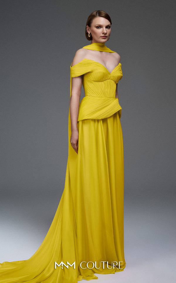 MNM Couture E0119 organza A-line gown with off-the-shoulder straps, peplum waist, and a delicate scarf.|Couture Shop LA