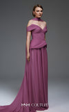 MNM Couture E0119 organza A-line gown with off-the-shoulder straps, peplum waist, and a delicate scarf.|Couture Shop LA