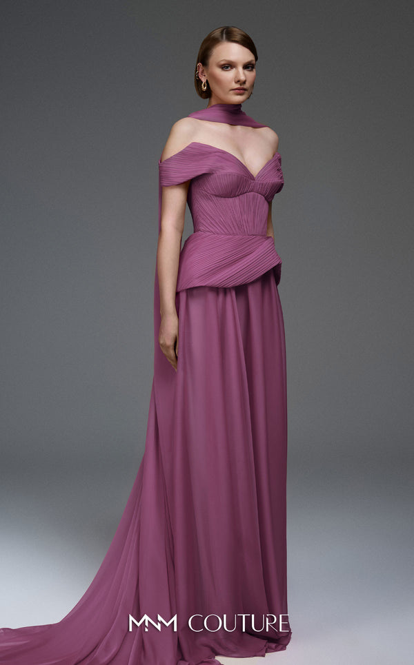 MNM Couture E0119 organza A-line gown with off-the-shoulder straps, peplum waist, and a delicate scarf.|Couture Shop LA