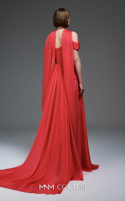 MNM Couture E0119 organza A-line gown with off-the-shoulder straps, peplum waist, and a delicate scarf.|Couture Shop LA