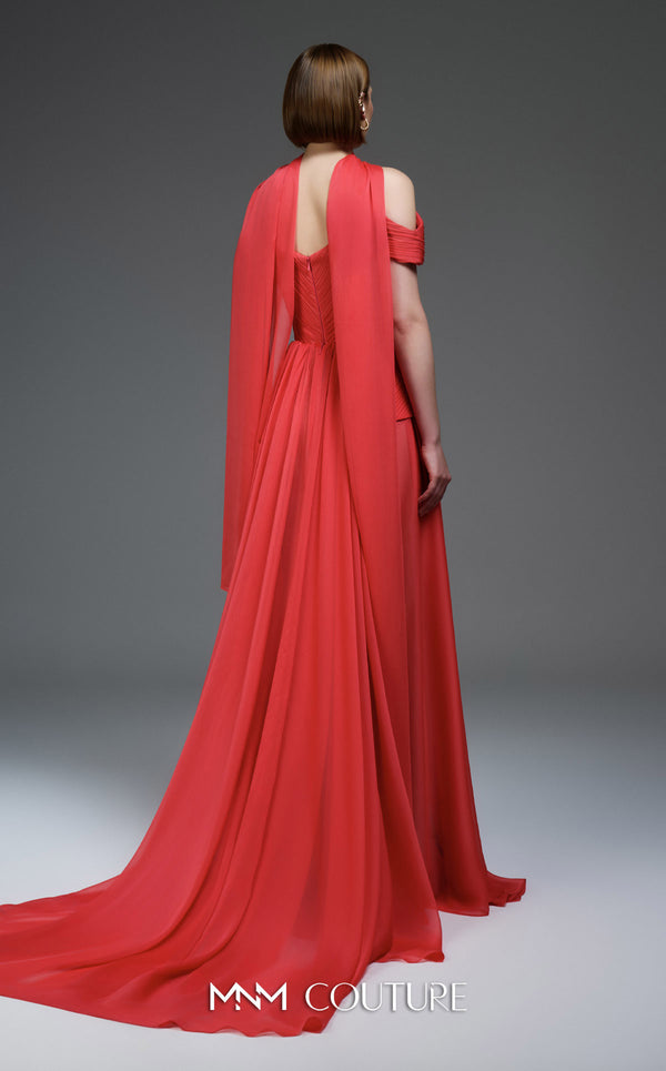 MNM Couture E0119 organza A-line gown with off-the-shoulder straps, peplum waist, and a delicate scarf.|Couture Shop LA
