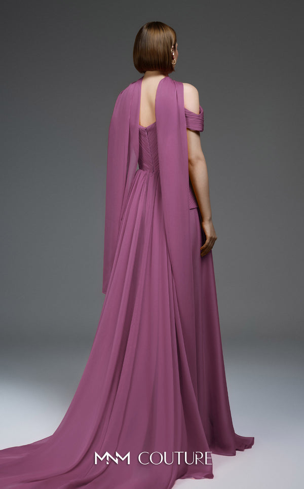 MNM Couture E0119 organza A-line gown with off-the-shoulder straps, peplum waist, and a delicate scarf.|Couture Shop LA