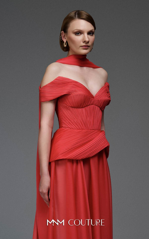 MNM Couture E0119 organza A-line gown with off-the-shoulder straps, peplum waist, and a delicate scarf.|Couture Shop LA