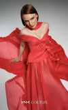 MNM Couture E0119 organza A-line gown with off-the-shoulder straps, peplum waist, and a delicate scarf.|Couture Shop LA