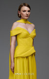 MNM Couture E0119 organza A-line gown with off-the-shoulder straps, peplum waist, and a delicate scarf.|Couture Shop LA