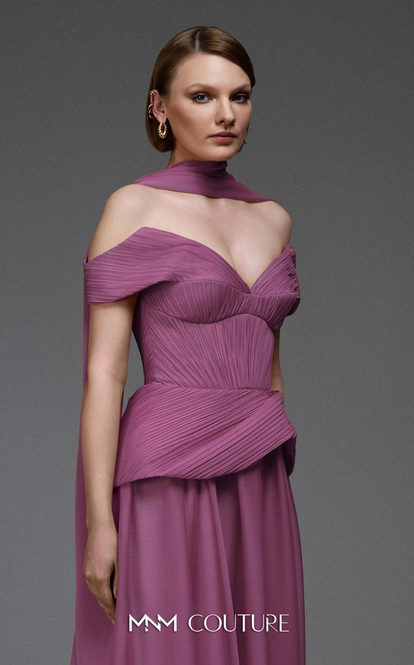 MNM Couture E0119 organza A-line gown with off-the-shoulder straps, peplum waist, and a delicate scarf.|Couture Shop LA