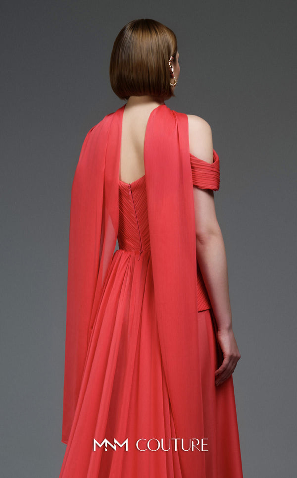 MNM Couture E0119 organza A-line gown with off-the-shoulder straps, peplum waist, and a delicate scarf.|Couture Shop LA