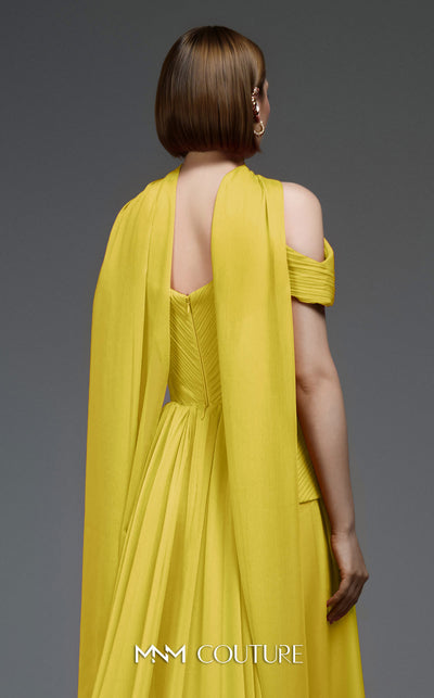 MNM Couture E0119 organza A-line gown with off-the-shoulder straps, peplum waist, and a delicate scarf.|Couture Shop LA