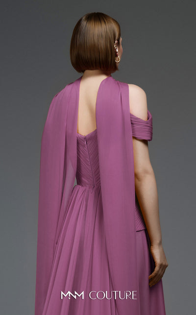 MNM Couture E0119 organza A-line gown with off-the-shoulder straps, peplum waist, and a delicate scarf.|Couture Shop LA