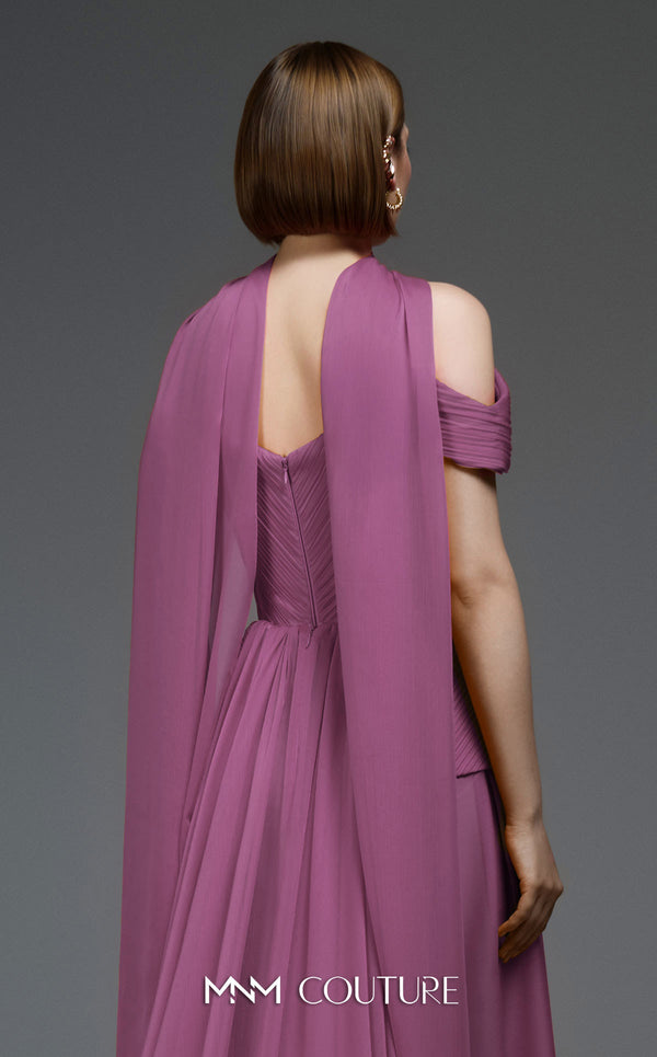 MNM Couture E0119 organza A-line gown with off-the-shoulder straps, peplum waist, and a delicate scarf.|Couture Shop LA