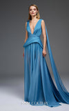 MNM Couture Style E0121 featuring a blue organza gown with a deep V-neckline, pleated corset-style bodice, an asymmetric peplum detail, and a long train. | Couture Shop LA