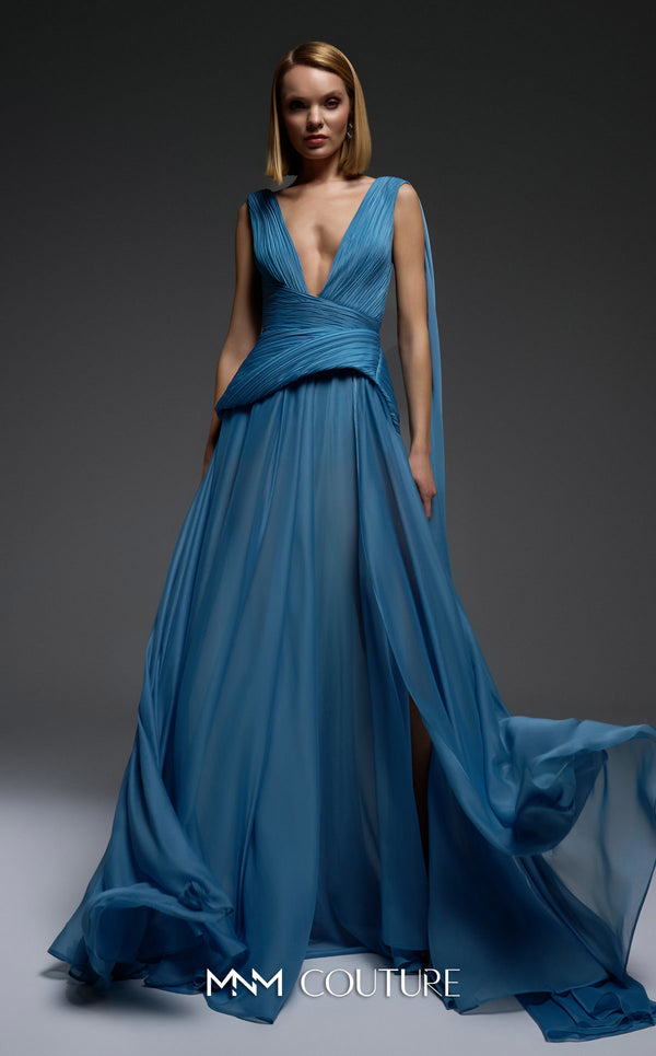 MNM Couture Style E0121 featuring a blue organza gown with a deep V-neckline, pleated corset-style bodice, an asymmetric peplum detail, and a long train. | Couture Shop LA