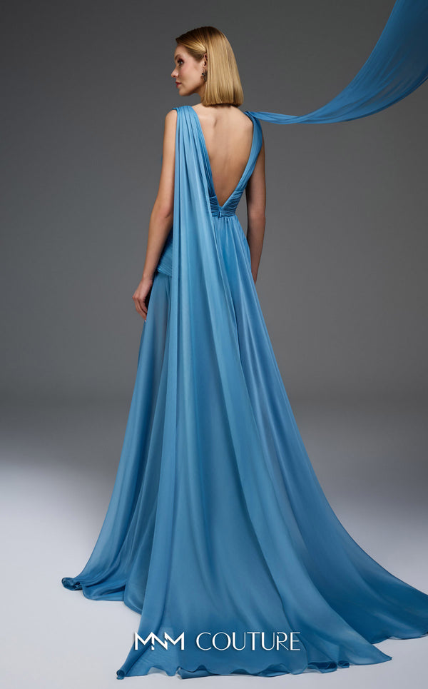 MNM Couture Style E0121 featuring a blue organza gown with a deep V-neckline, pleated corset-style bodice, an asymmetric peplum detail, and a long train. | Couture Shop LA