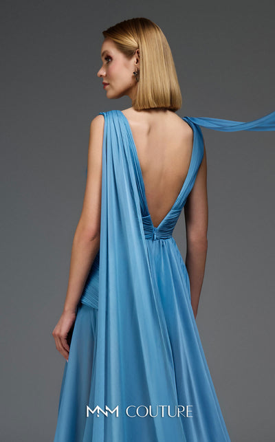 MNM Couture Style E0121 featuring a blue organza gown with a deep V-neckline, pleated corset-style bodice, an asymmetric peplum detail, and a long train. | Couture Shop LA