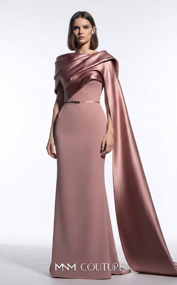 Exclusive pink crepe luxury gala gown with draped neckline MNM Couture E0125