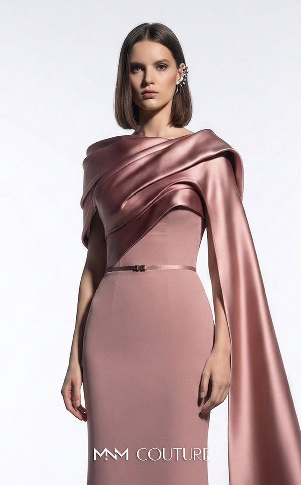 Exclusive pink crepe luxury gala gown with draped neckline MNM Couture E0125