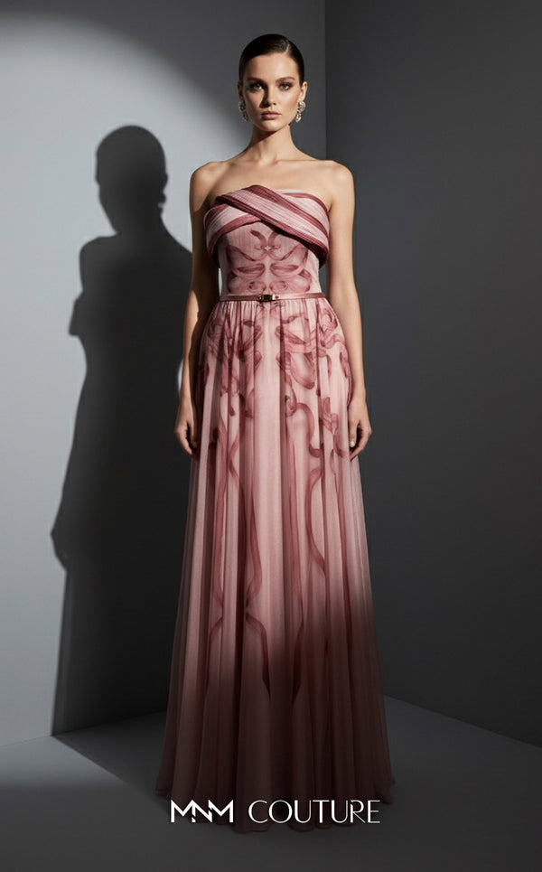 MNM Couture Style E0129 Delicate pink and olive printed silk strapless A-line gown with pleated bust and thin belt | Couture Shop LA.