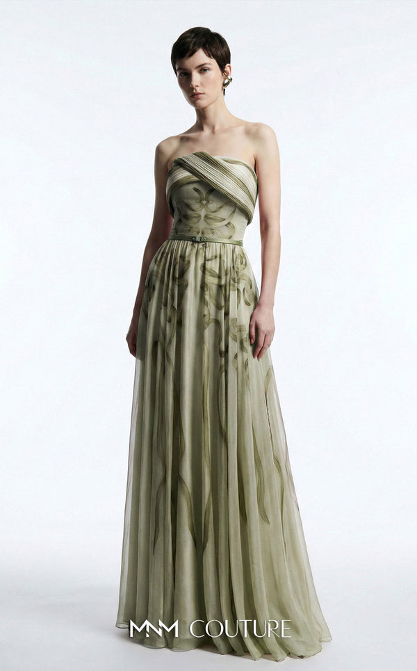 MNM Couture Style E0129 Delicate pink and olive printed silk strapless A-line gown with pleated bust and thin belt | Couture Shop LA.