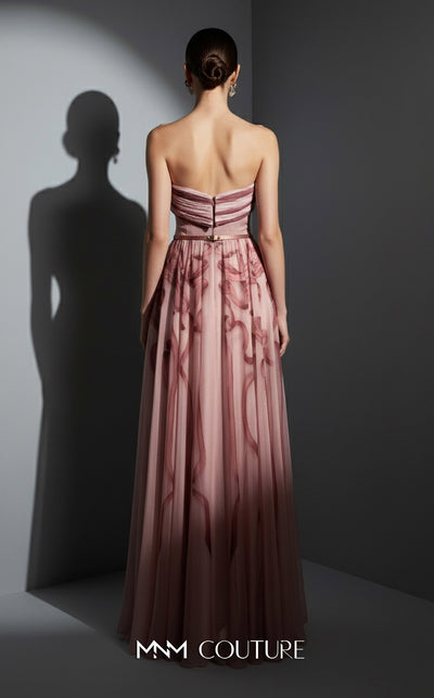 MNM Couture Style E0129 Delicate pink and olive printed silk strapless A-line gown with pleated bust and thin belt | Couture Shop LA.