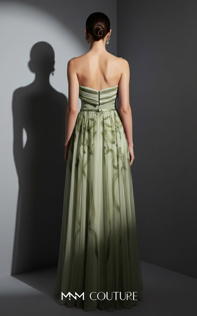 MNM Couture Style E0129 Delicate pink and olive printed silk strapless A-line gown with pleated bust and thin belt | Couture Shop LA.