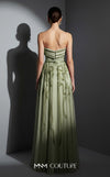 MNM Couture Style E0129 Delicate pink and olive printed silk strapless A-line gown with pleated bust and thin belt | Couture Shop LA.
