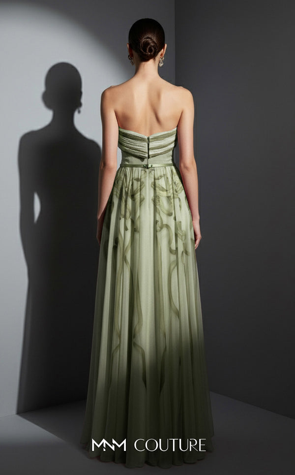 MNM Couture Style E0129 Delicate pink and olive printed silk strapless A-line gown with pleated bust and thin belt | Couture Shop LA.