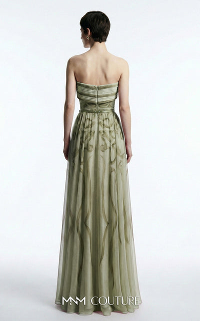 MNM Couture Style E0129 Delicate pink and olive printed silk strapless A-line gown with pleated bust and thin belt | Couture Shop LA.
