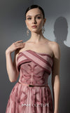 MNM Couture Style E0129 Delicate pink and olive printed silk strapless A-line gown with pleated bust and thin belt | Couture Shop LA.