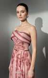 MNM Couture Style E0129 Delicate pink and olive printed silk strapless A-line gown with pleated bust and thin belt | Couture Shop LA.