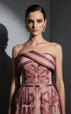 MNM Couture Style E0129 Delicate pink and olive printed silk strapless A-line gown with pleated bust and thin belt | Couture Shop LA.