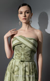 MNM Couture Style E0129 Delicate pink and olive printed silk strapless A-line gown with pleated bust and thin belt | Couture Shop LA.