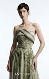 MNM Couture Style E0129 Delicate pink and olive printed silk strapless A-line gown with pleated bust and thin belt | Couture Shop LA.
