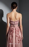 MNM Couture Style E0129 Delicate pink and olive printed silk strapless A-line gown with pleated bust and thin belt | Couture Shop LA.